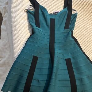 Herve Leger Teal and Black Striped Mini Dress NWOT